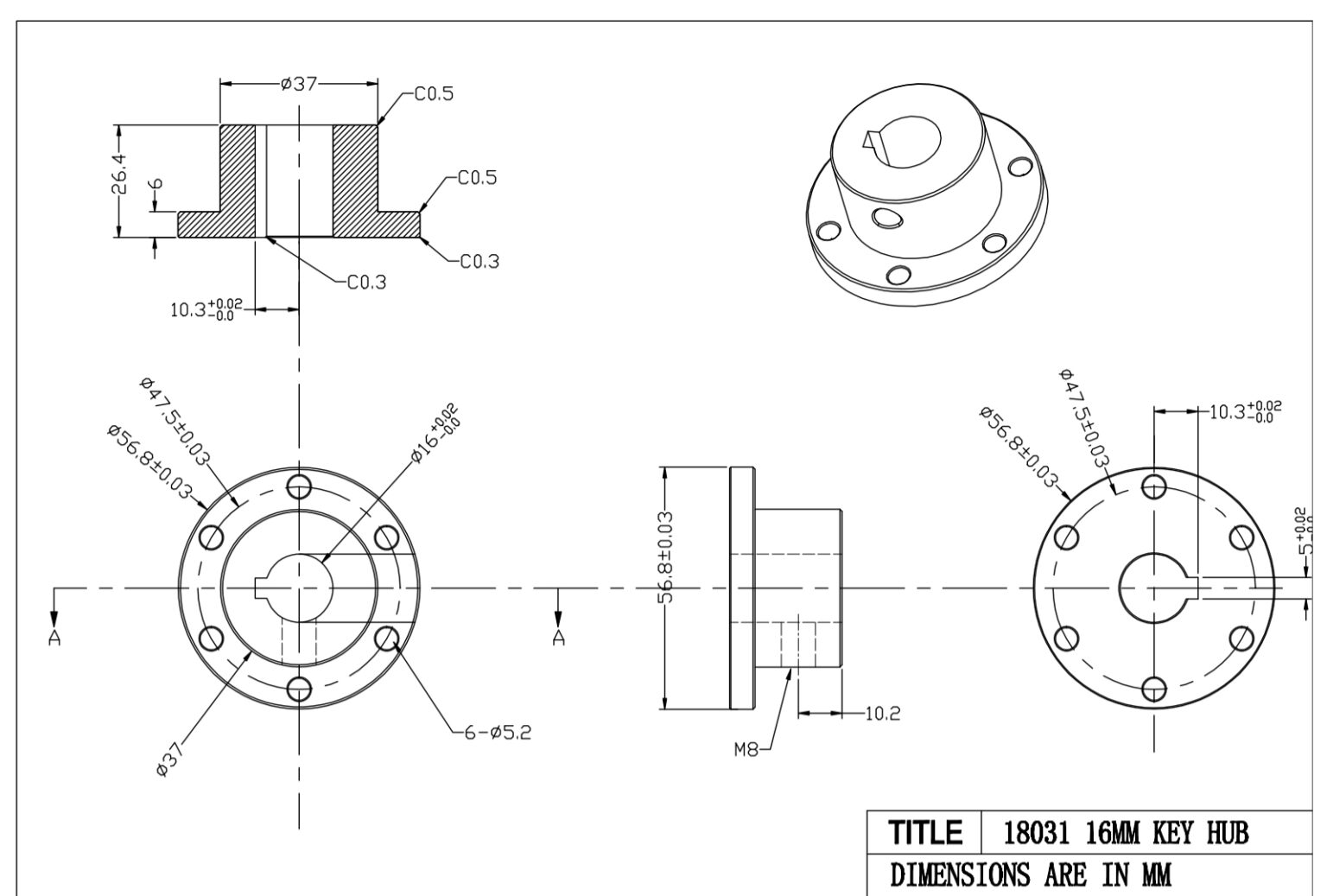 16mm Stainless Steel Key Hub – 18031 – Oz Robotics