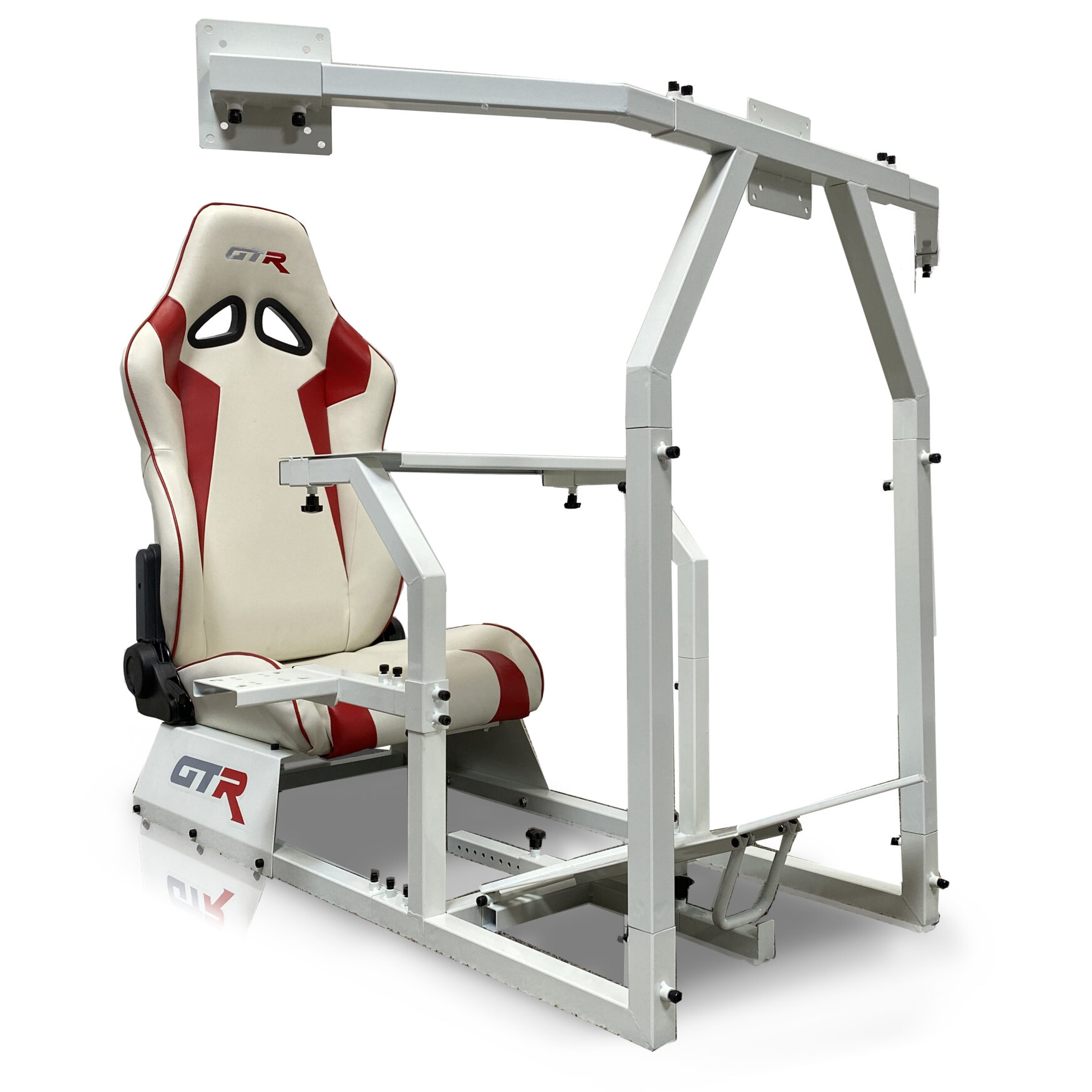 GTR Simulator GTA-F Model White Frame Triple Monitor Stand with Adjustable  White and Red Seat