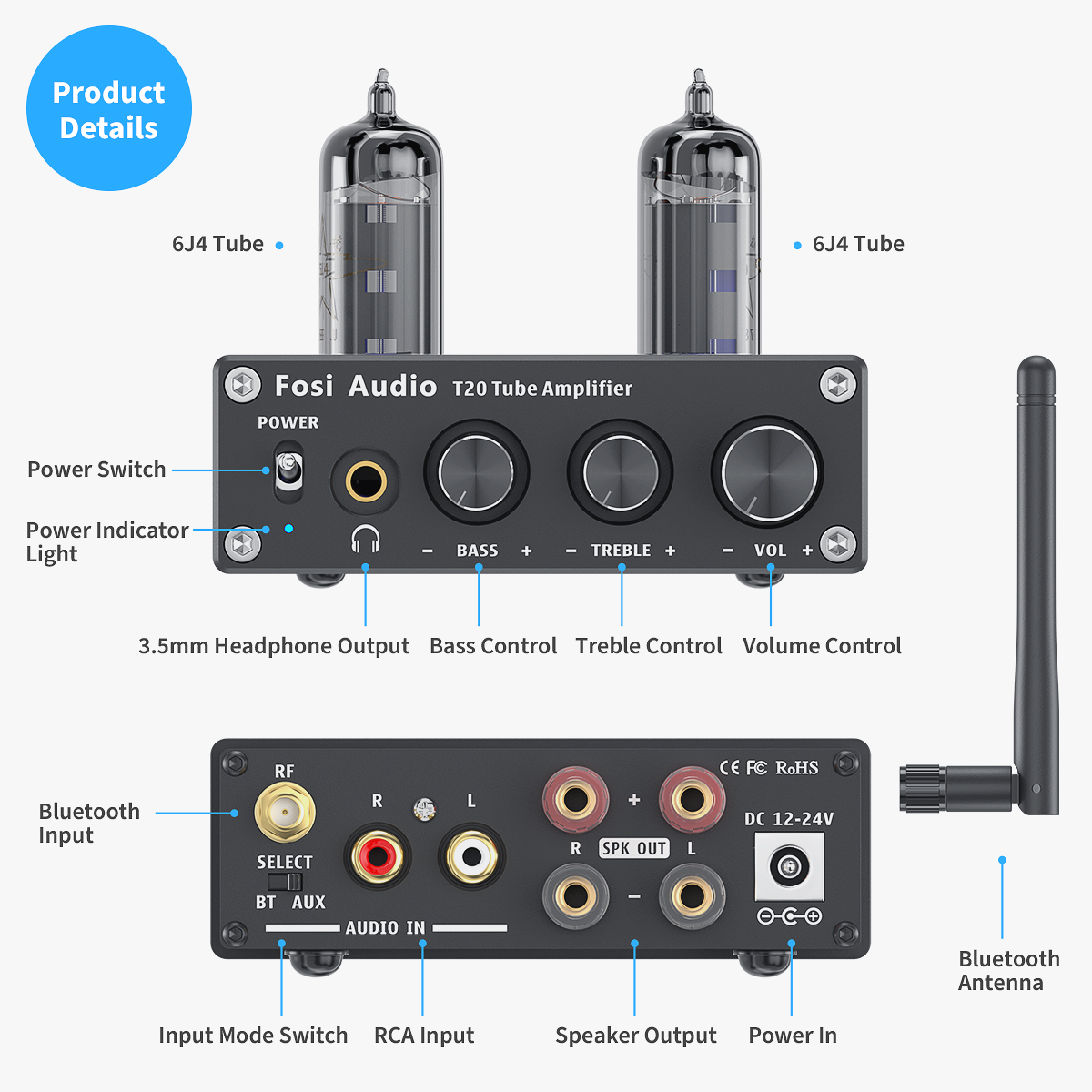 Amplificatore Bluetooth 5.0 Fosi Audio T20X | 200W Per Cuffie E Altoparlanti Passivi | Valvole 5654 Per Suono Caldo | Mini Hi-Fi A 2 Canali | Ricevitore Stereo Digitale Per Home Audio