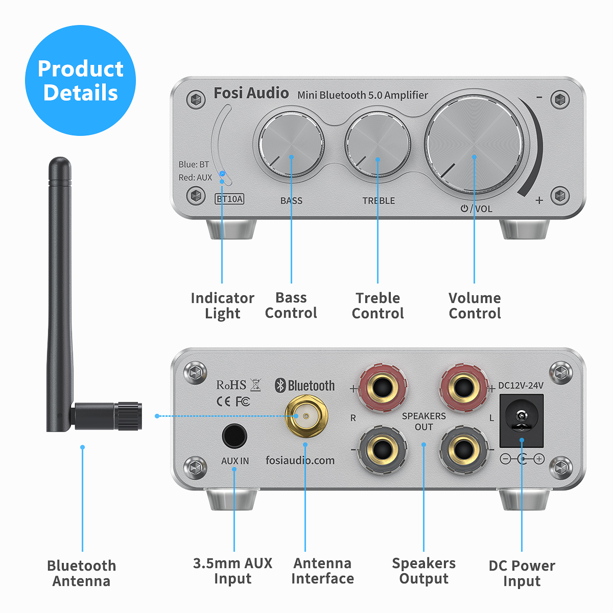 Fosi Audio BT10A Silver - 2 Channel Bluetooth Amplifier 50W x2