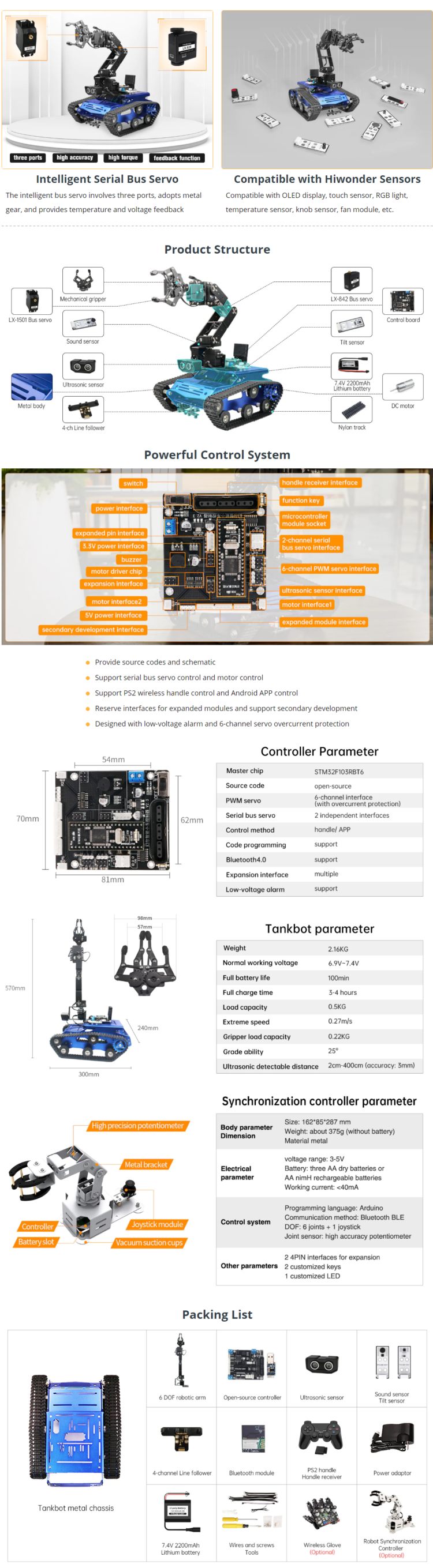 Hiwonder Tankbot Track Robot Car Loaded with Robotic Arm for STM32 ...