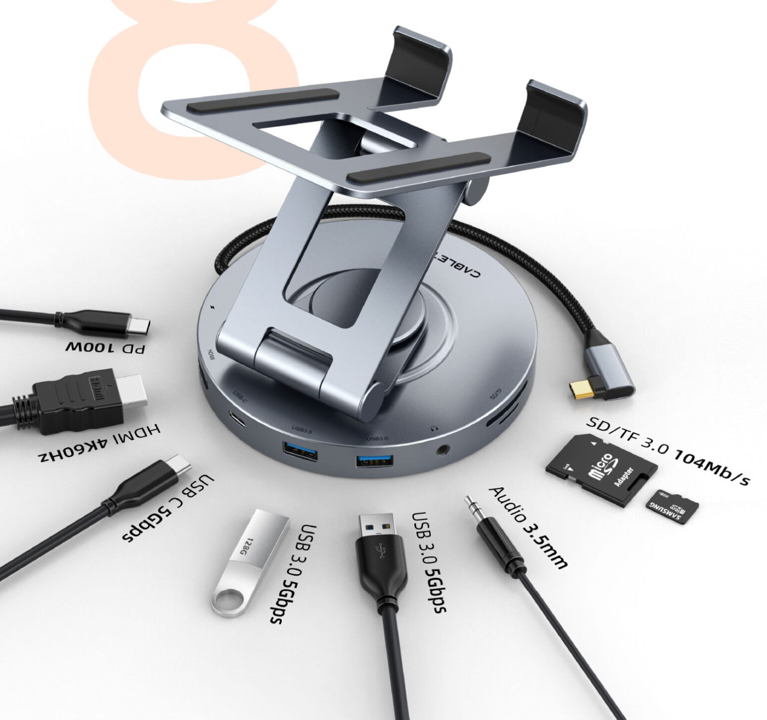 thumbnail image 2 of Plugable 8-in-1 USB C Hub With Stand - 100W Charging, HDMI For IPad, Tablets & Phones 2 of 11