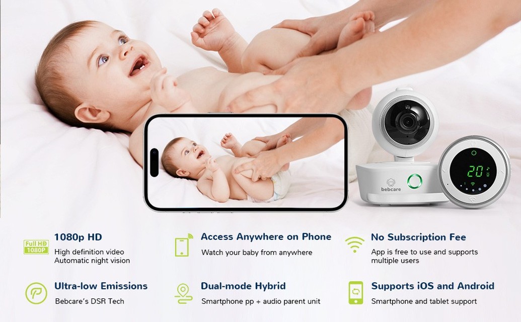 Bebcare iQ Key Features - 1080p HD, Pan and Tilt, Movement Alert, Breathing Sensor, Two-way talk, Music Lullabies, Night Light. iOS and Android app. No subscription, free to use.