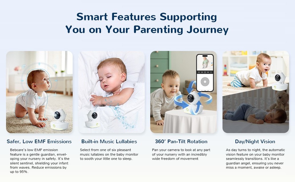 Bebcare iQ Key Features - 1080p HD, Pan and Tilt, Movement Alert, Breathing Sensor, Two-way talk, Music Lullabies, Night Light. iOS and Android app. No subscription, free to use.