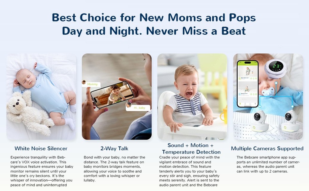 Bebcare iQ Key Features - 1080p HD, Pan and Tilt, Movement Alert, Breathing Sensor, Two-way talk, Music Lullabies, Night Light. iOS and Android app. No subscription, free to use.