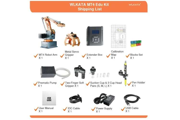 WLKATA MT4 4-DOF Mini Palletizing Robotic Arm - High-Precision 0.1mm Repeatability, 600g Payload, Easy Programming with WLKATA Studio and BlockFactory, Rebuildable Modular Design, Compatible with AI Cameras, Conveyor Belts, Sliding Rails, Gripper, Suction Cup, and Graphic Coding Tools. Supports Arduino, AI Training, NVIDIA Integration, ChatGPT Applications, and Machine Vision for Education, Research, and Automation.