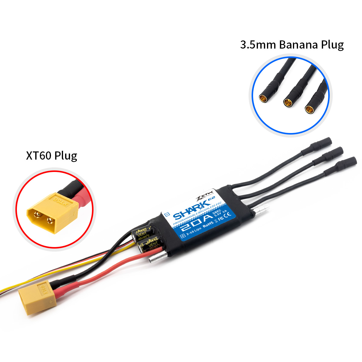 ZTW Shark G2 20A ESC 2-4S SBEC 5V/6V 4A Bidirectional Waterproof Speed Controller for RC Boat Marine - Image 3