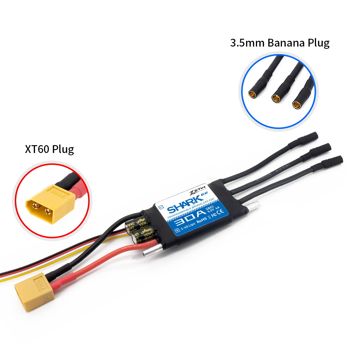 ZTW Shark G2 30A ESC 2-4S SBEC 5V/6V 4A Bidirectional Waterproof Speed Controller for RC Boat Marine - Image 4