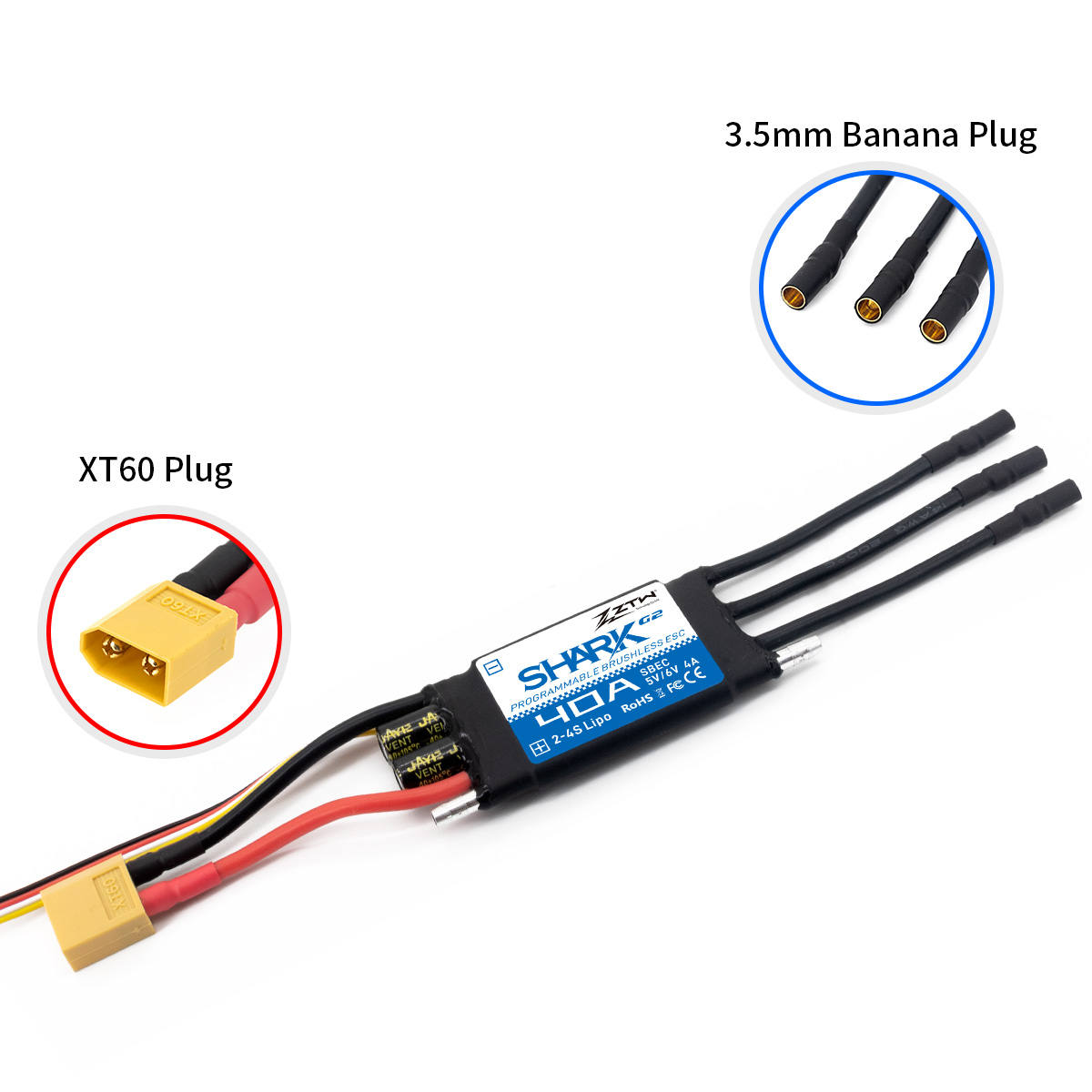 ZTW Shark G2 40A ESC 2-4S SBEC 5V/6V 4A Bidirectional Waterproof Speed Controller for RC Boat Marine - Image 4