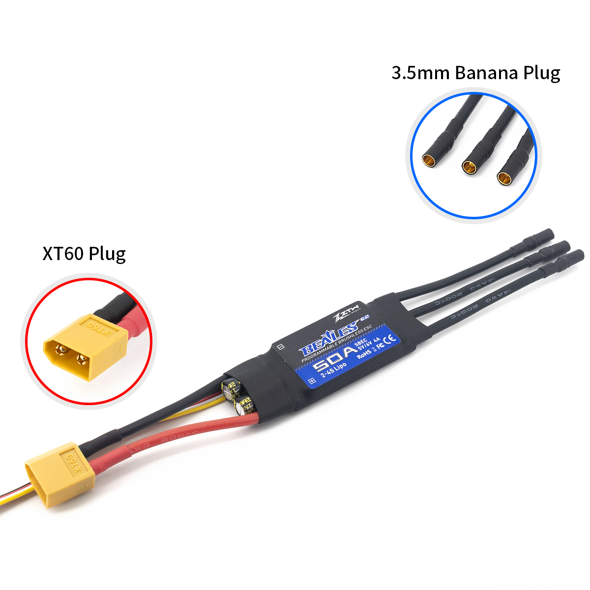 ZTW Beatles G2 50A ESC 2-4S SBEC 5V/6V 4A Speed Control For RC Airplane Aircraft Fixed-Wing - Image 4