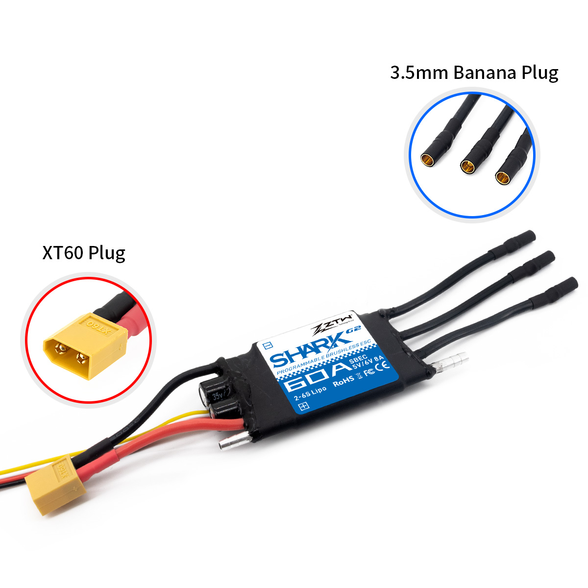 ZTW Shark G2 60A ESC 2-6S SBEC 5V/6V 8A Bidirectional Waterproof Speed Controller for RC Boat Marine - Image 4