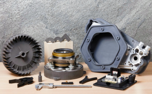 An array of 3D printed metal and polymer industrial parts, showcasing complex geometries and fine details